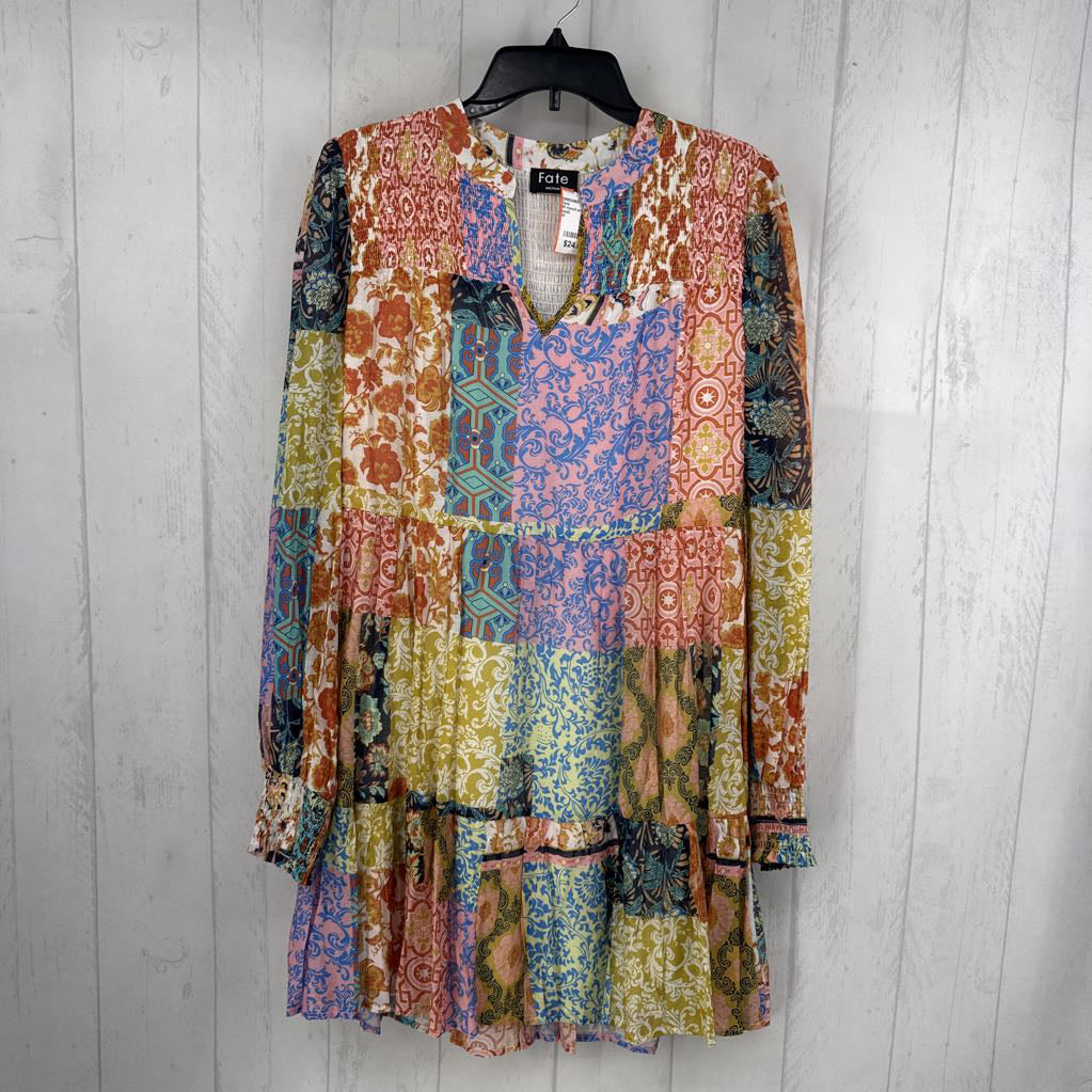 M mixed print smocked l/s dress