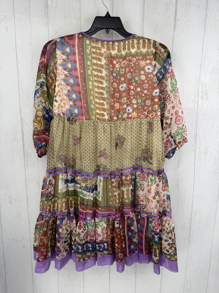 L mixed print v-neck tiered s/s dress