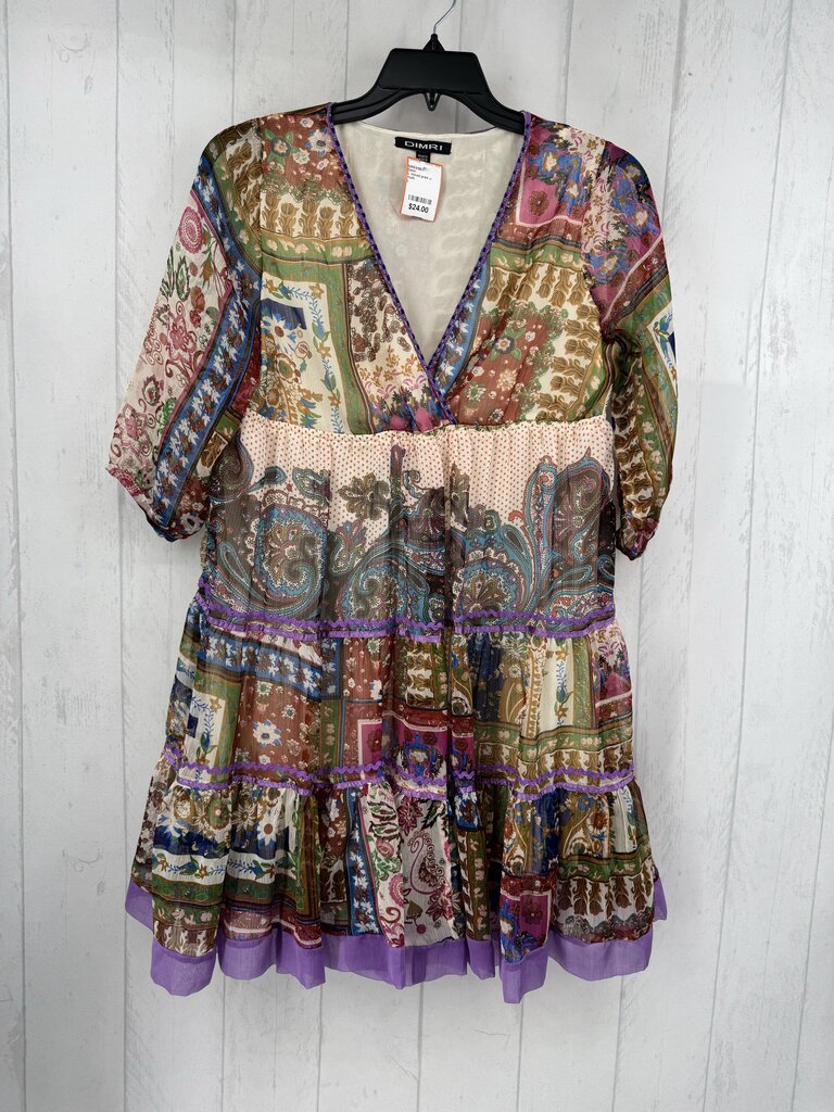 L mixed print v-neck tiered s/s dress