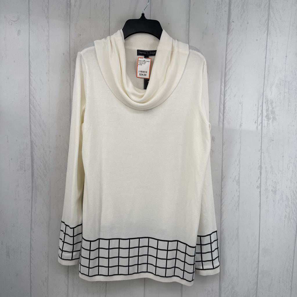 L checkered accent cowl neck sweater