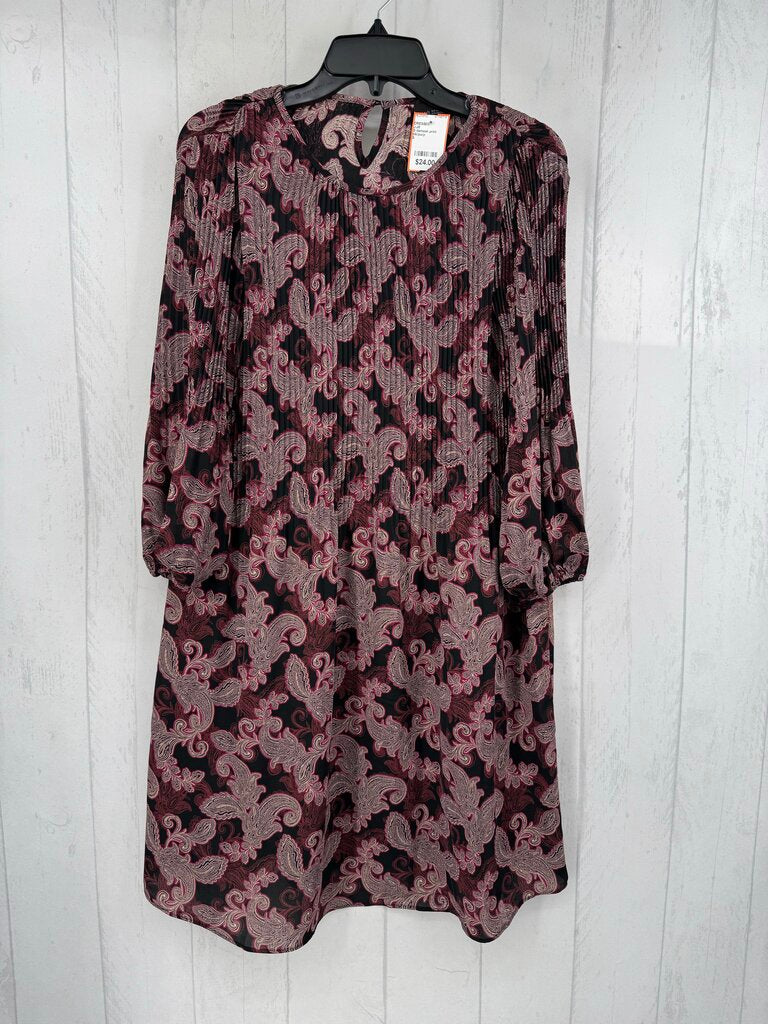 S damask print pleated l/s dress