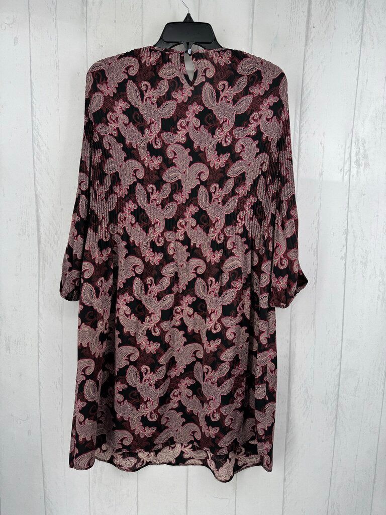 S damask print pleated l/s dress