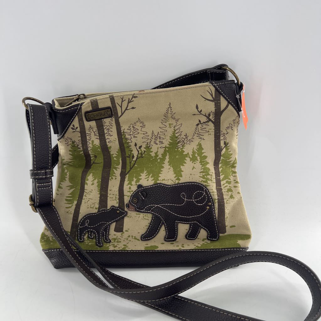 forest scene appliqued mama bear & cub crossbody