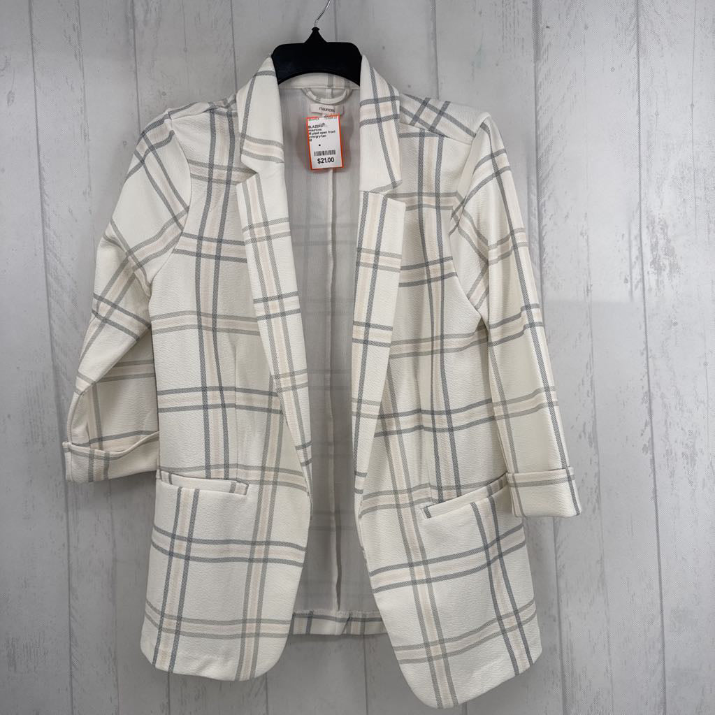 M plaid open front 3/4 slv blazer