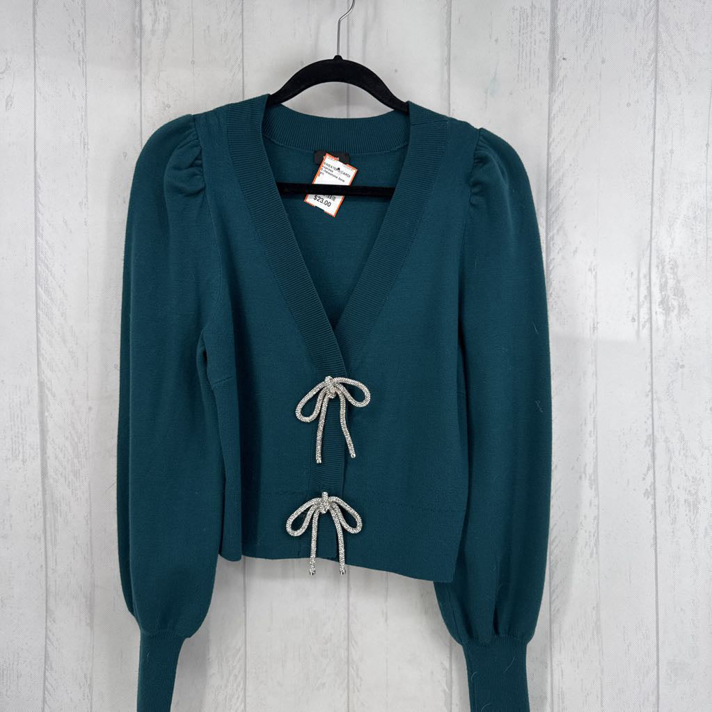 S rhinestone bow front cardi