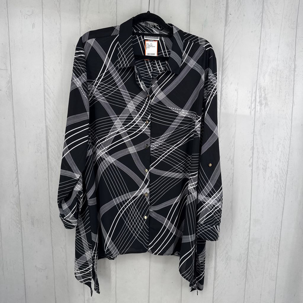 XL printed button down asymetrical heml/s top