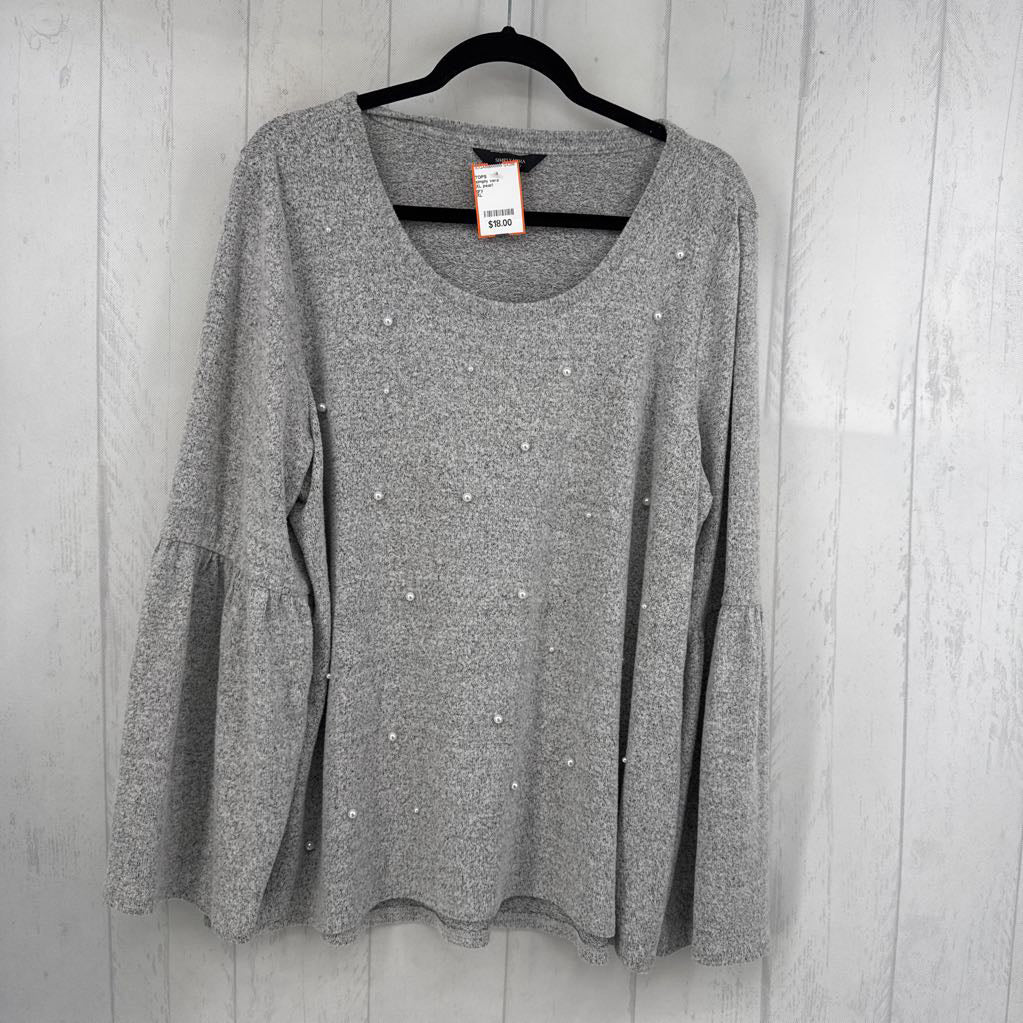 XL pearl embelished flare slv knit top