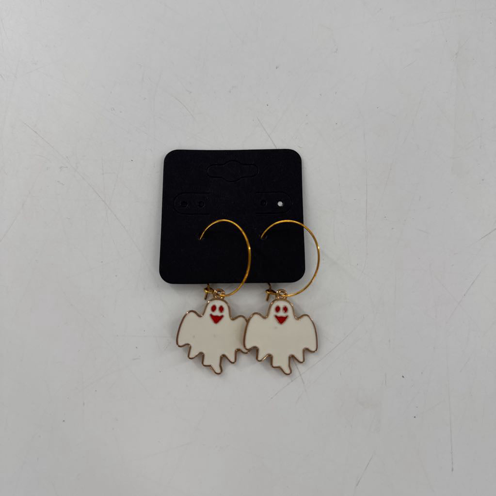 gold hoops w/ white enamel ghost dangle earrings