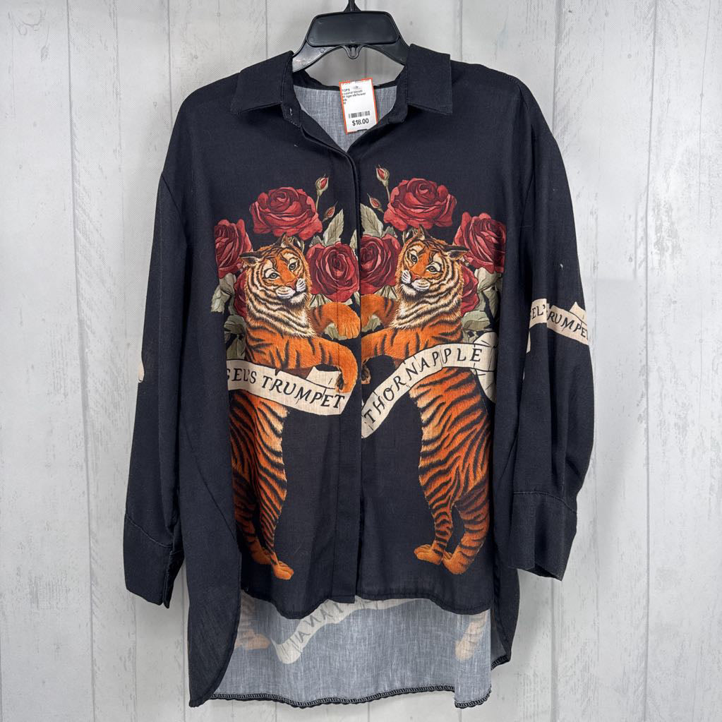 M tigers&flower print button down l/s top