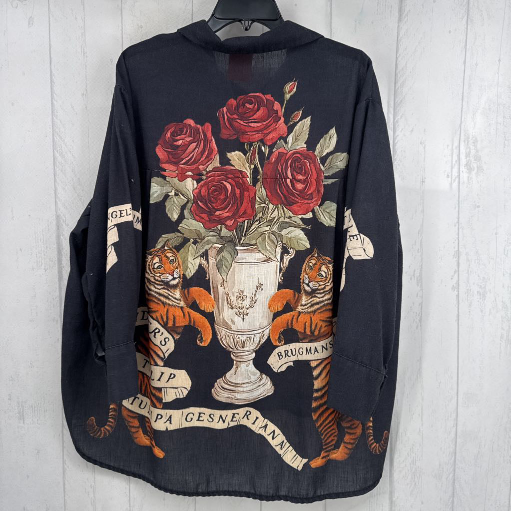 M tigers&flower print button down l/s top