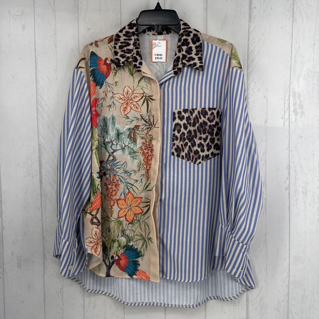 M mixed print button down l/s top