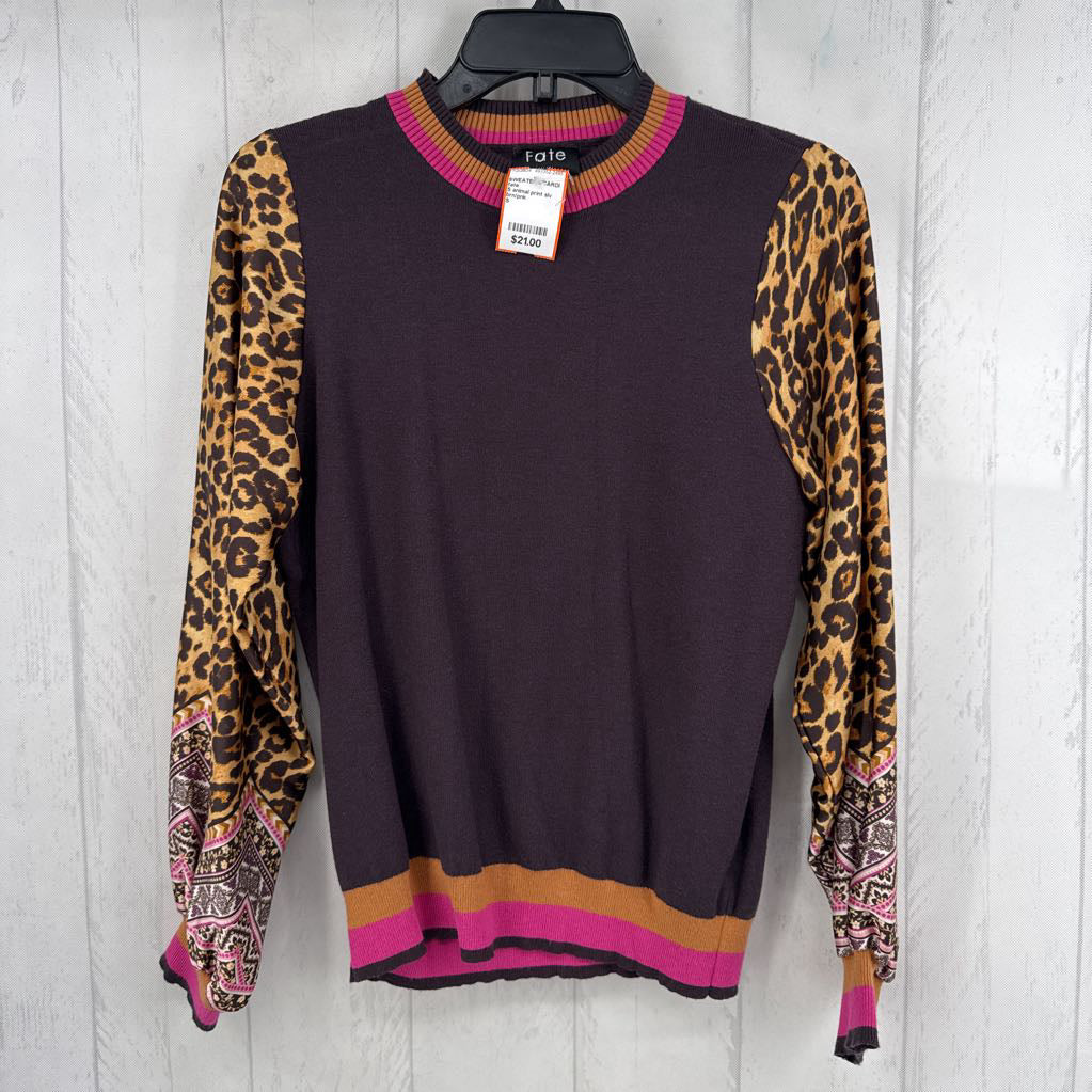 S animal print slv solid sweater