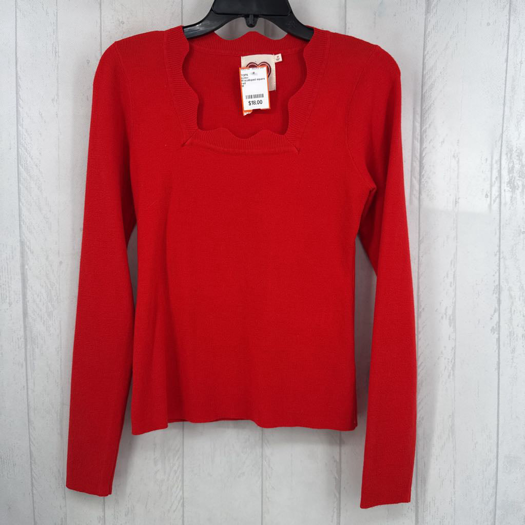 M scalloped square neck l/s knit top