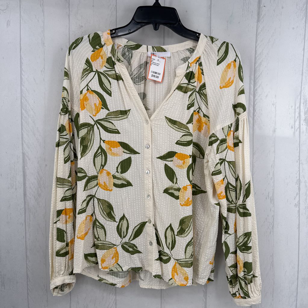 M lemon print button down l/s top