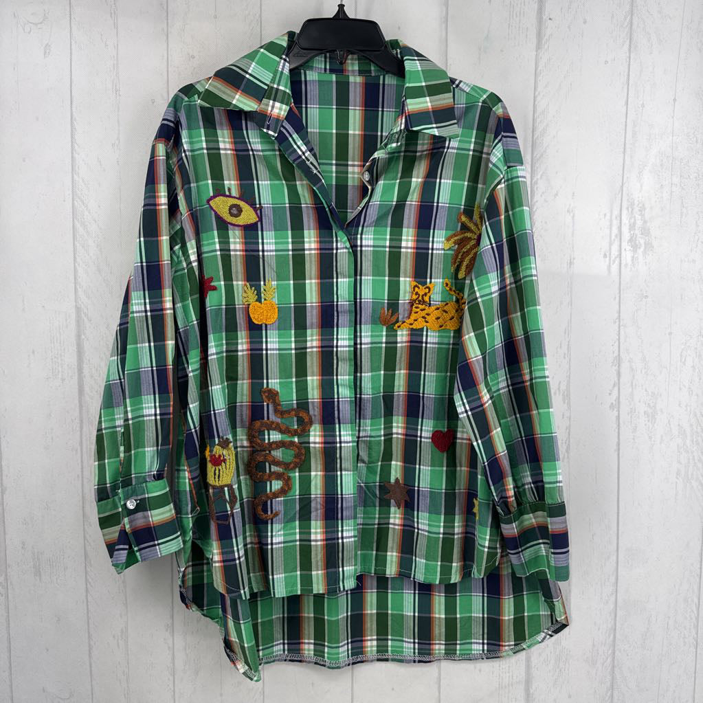 M plaid embroidered button down l/s top