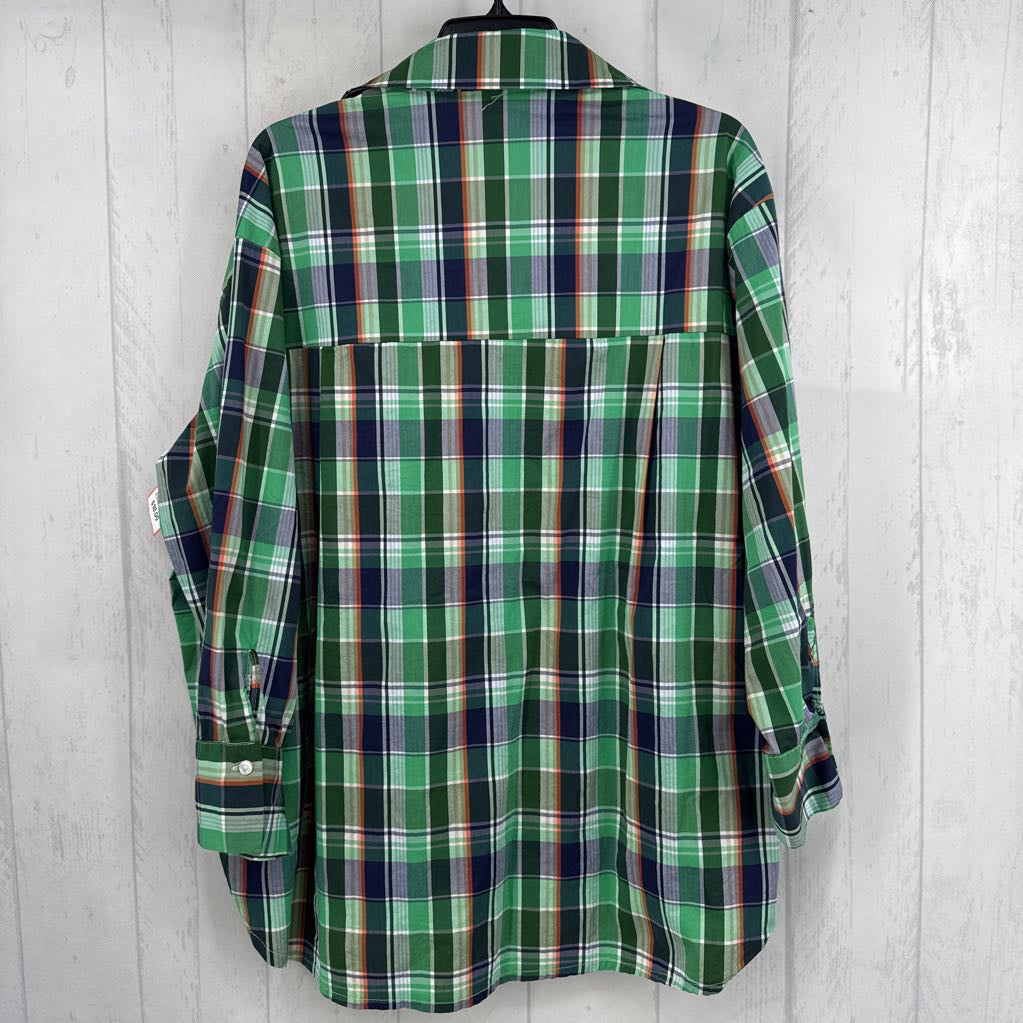 M plaid embroidered button down l/s top