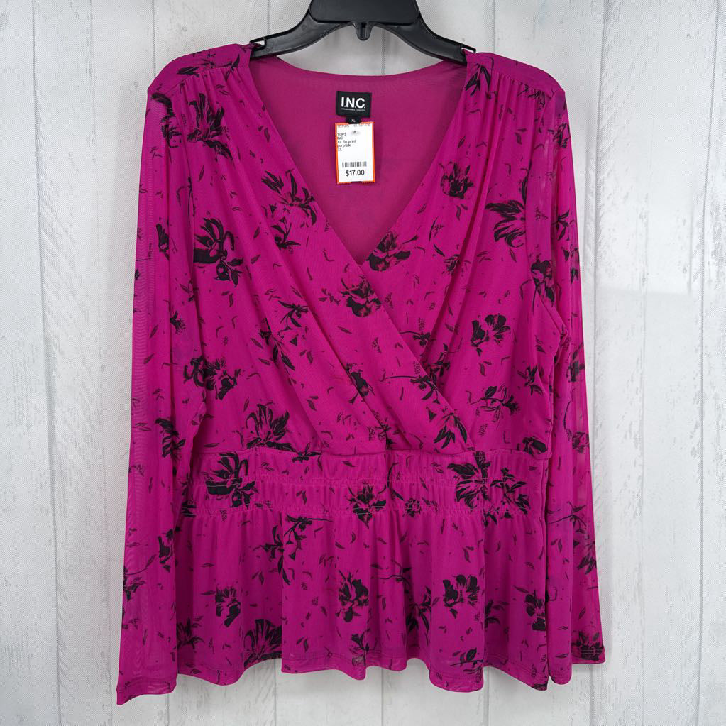 XL flo print crossover l/s peplum top