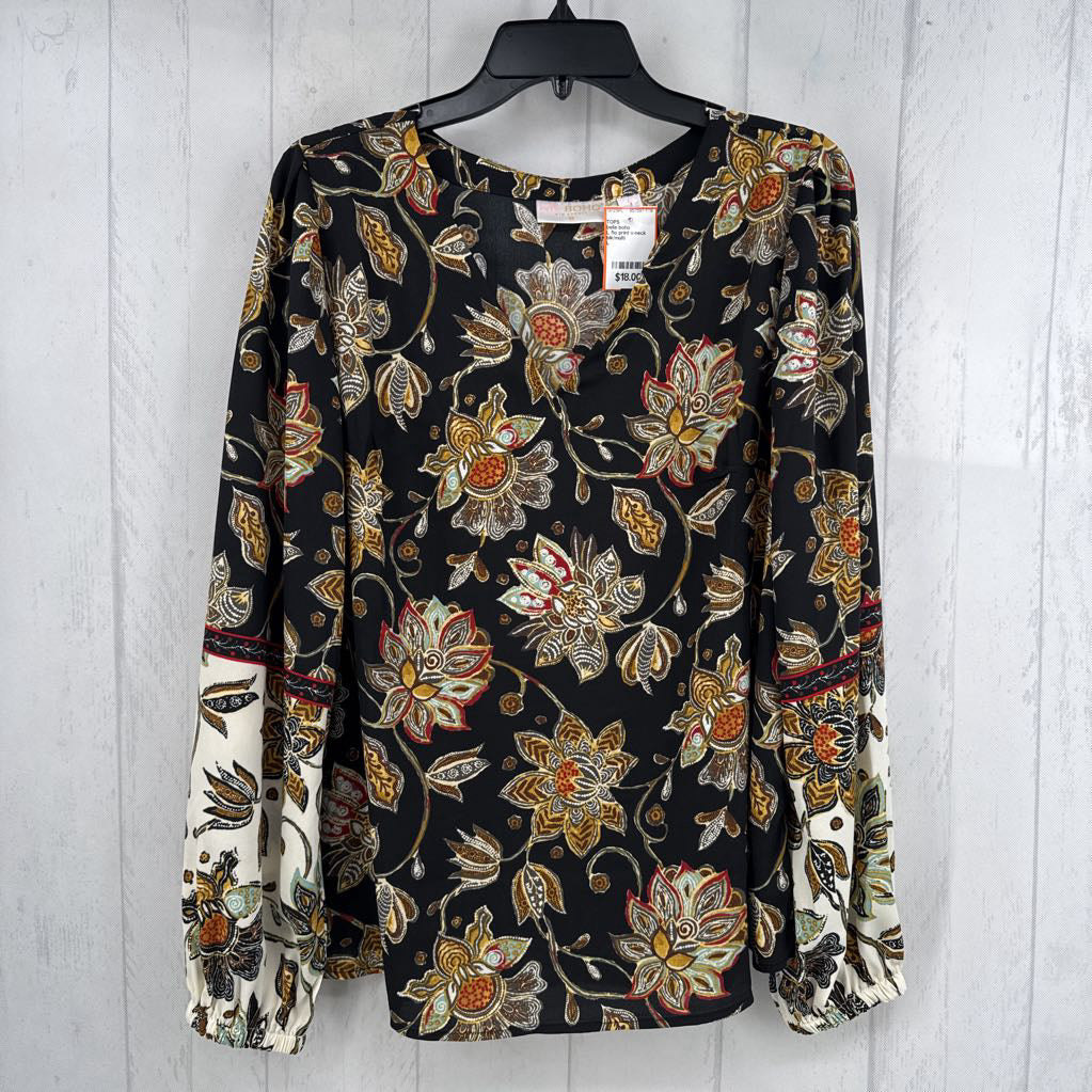 L flo print v-neck l/s top