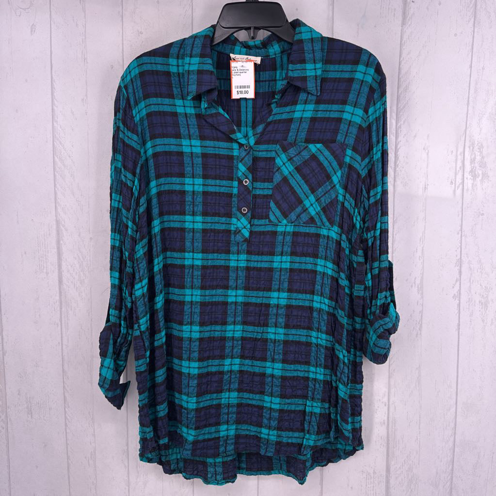 L plaid quarter button down tab slv top
