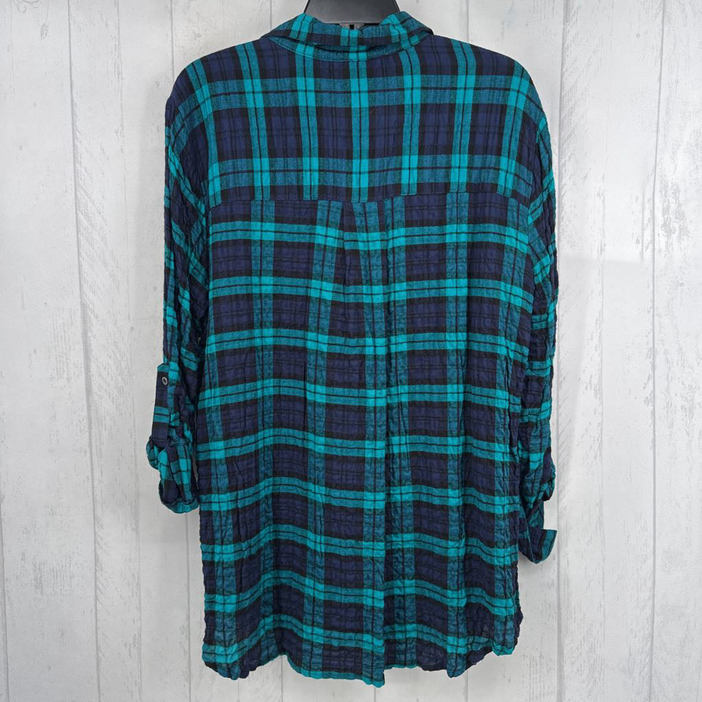 L plaid quarter button down tab slv top