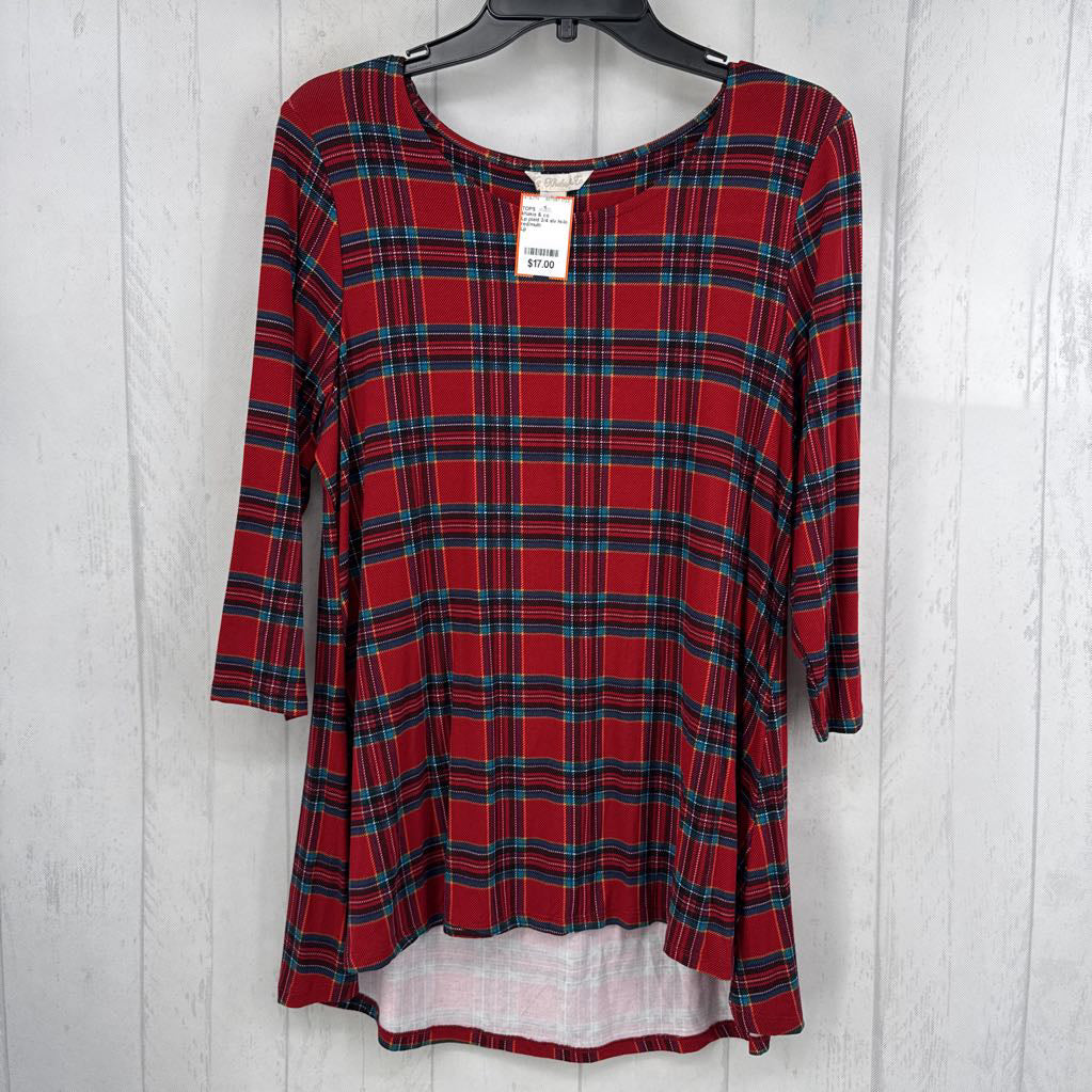 Lp plaid 3/4 slv hi-lo top