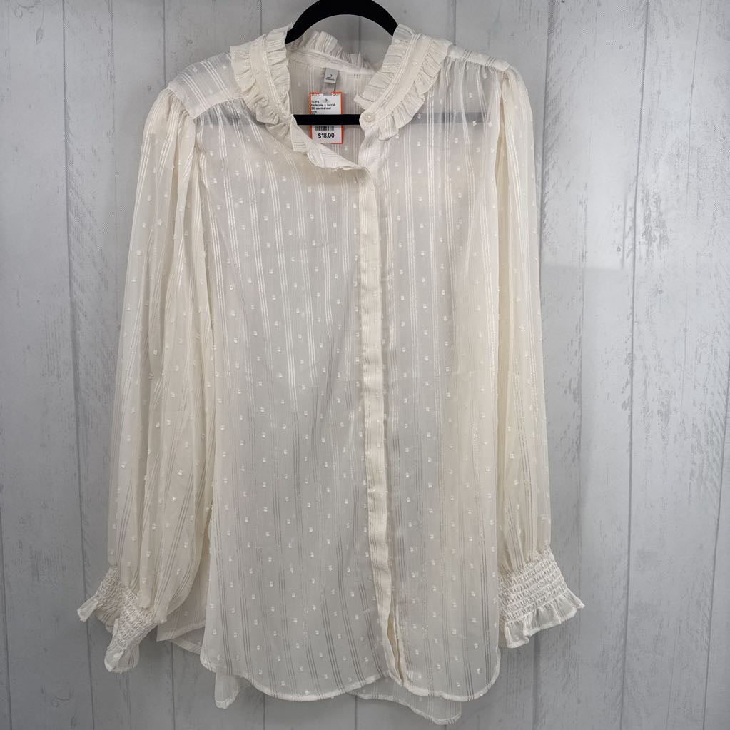 3X semi-sheer ruffled button down l/s top