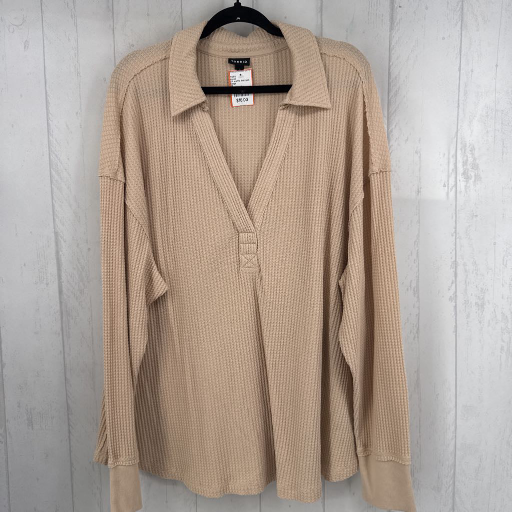 3X waffle knit split neck l/s top