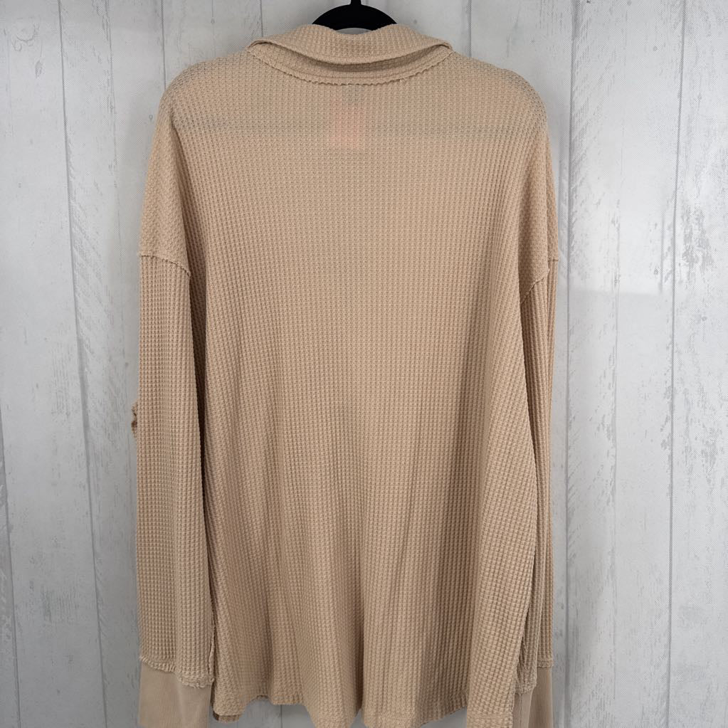 3X waffle knit split neck l/s top