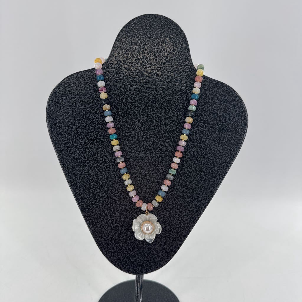 multicolor bead necklace w/ flower pendant
