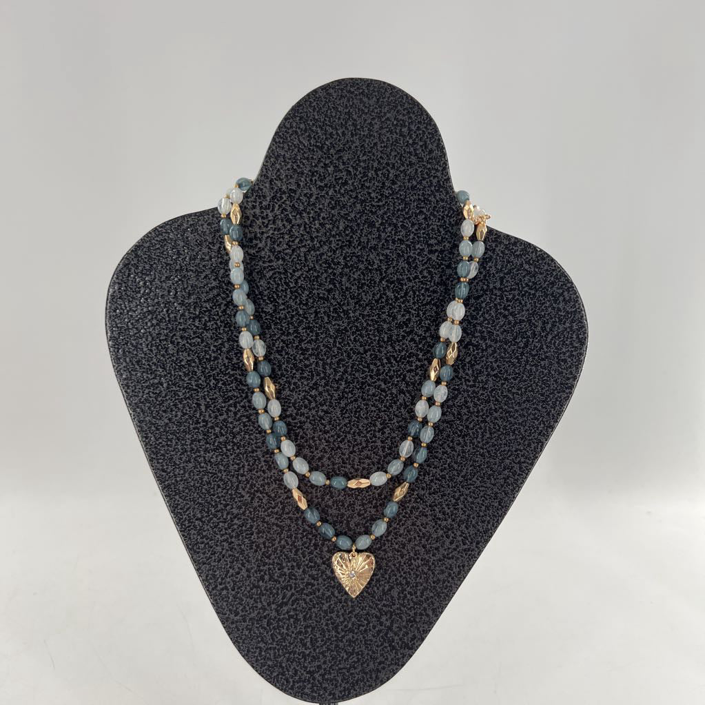 grey beaded double strand heart pendant necklace