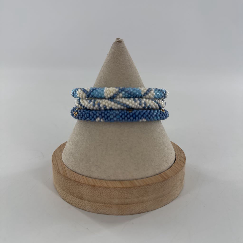 blue & white beaded bracelet stack