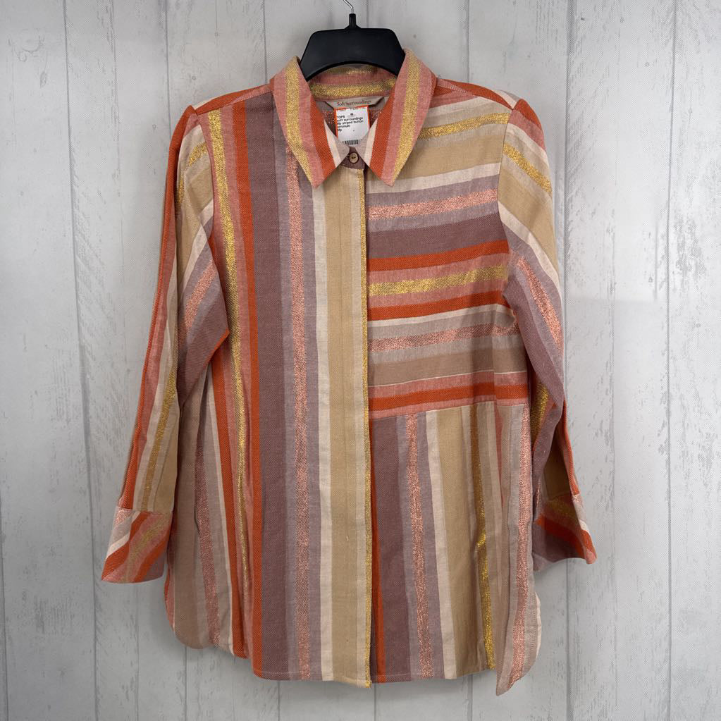Mp striped button down 3/4 slv top