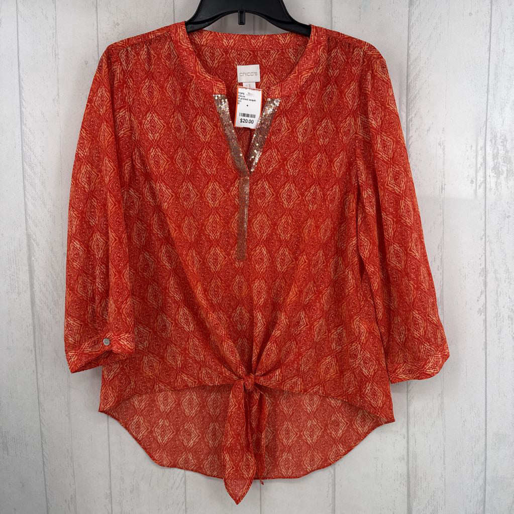 M printed sequin split neck l/s top