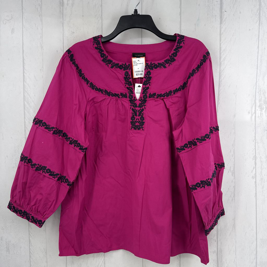 L flo embroidered split neck l/s top