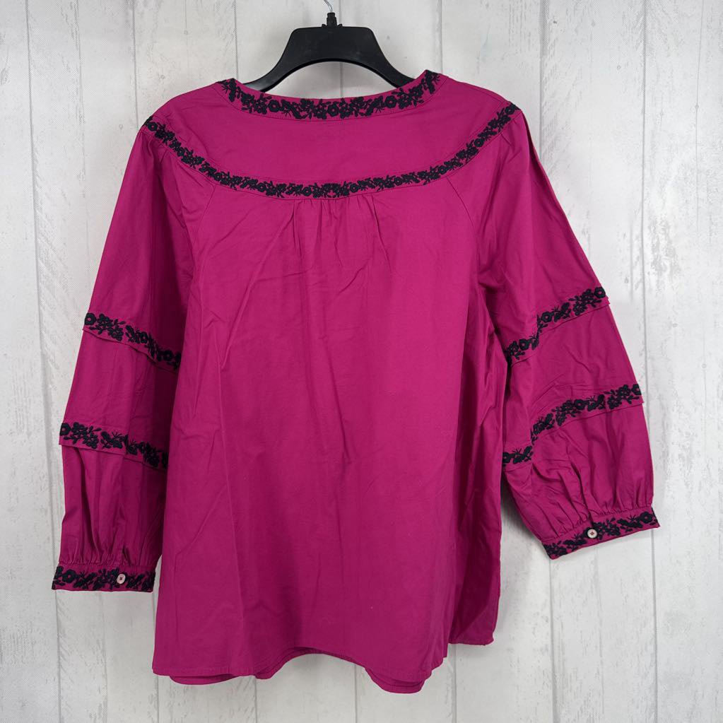 L flo embroidered split neck l/s top