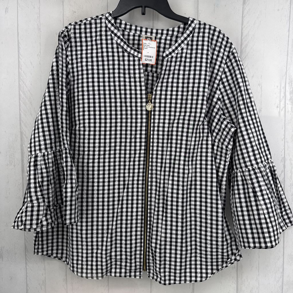 R79 XL checkered print zip-up 3/4 slv top