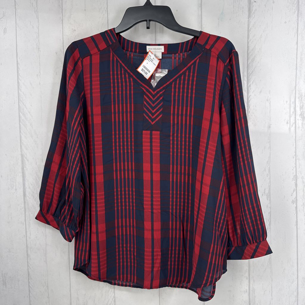 R64 M plaid v-neck 3/4 slv top