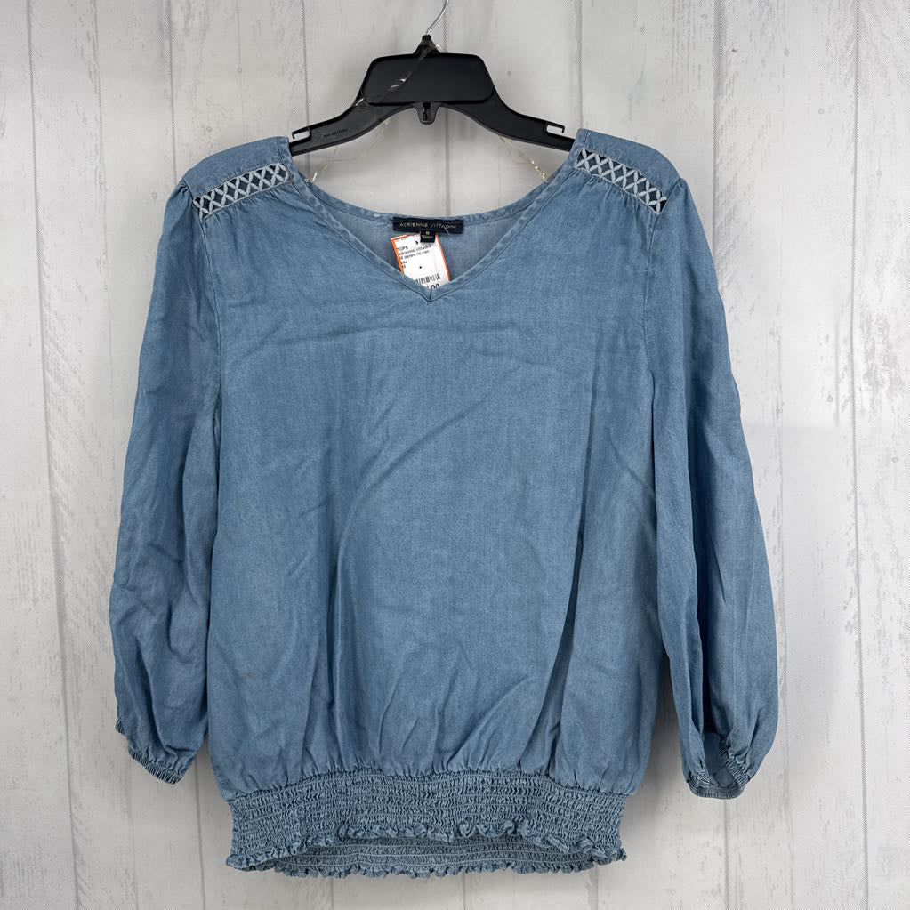 M denim ric-rac smocked hem 3/4 slv top