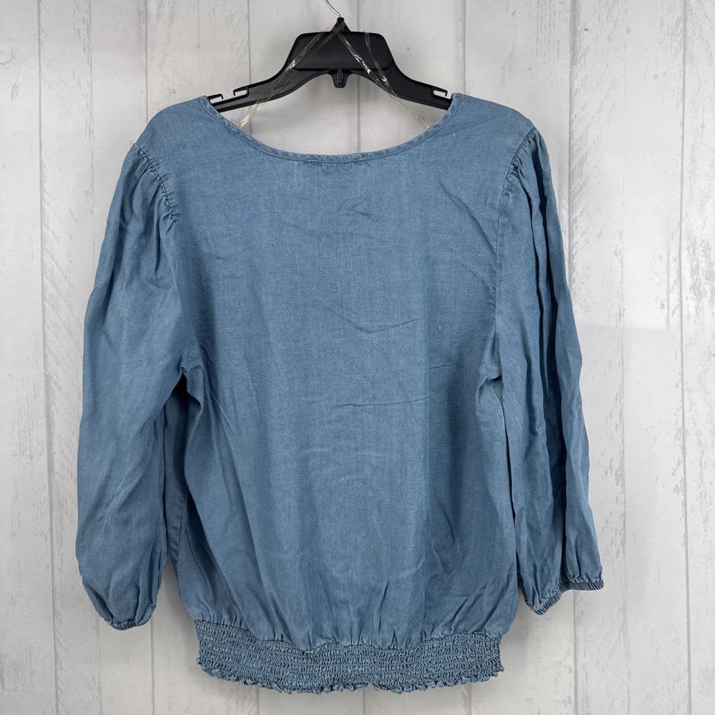 M denim ric-rac smocked hem 3/4 slv top