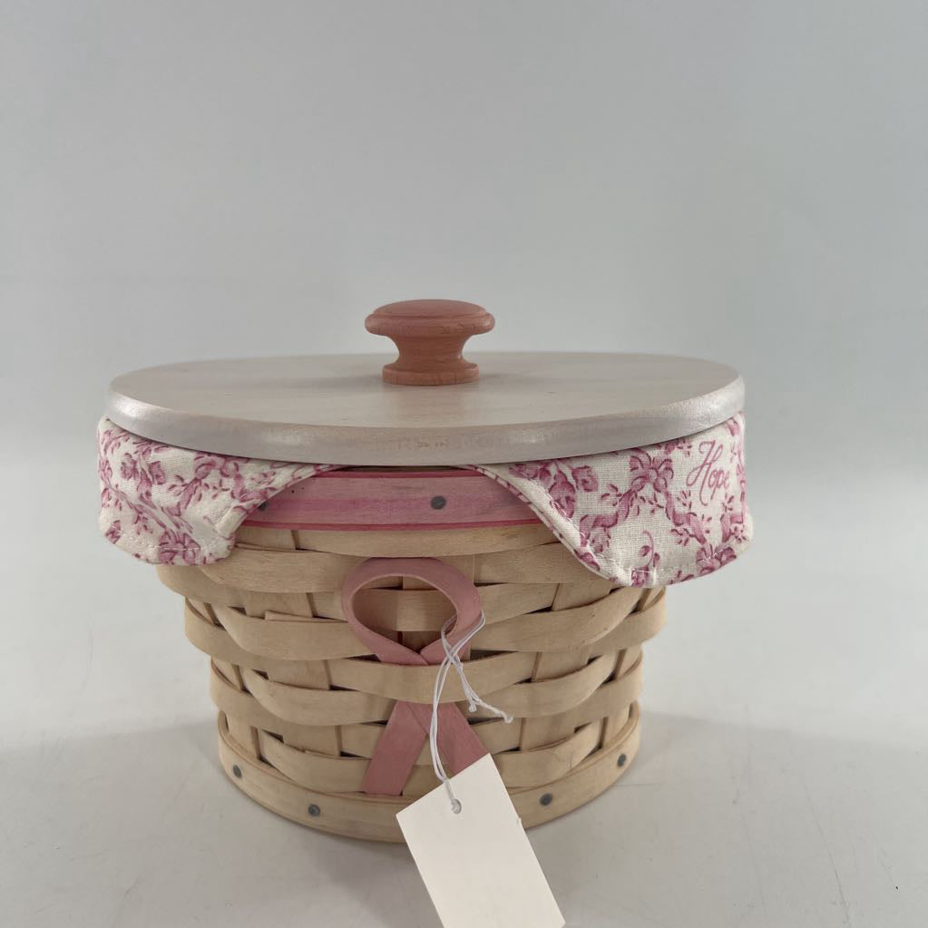 pink ribbon longaberger basket w/ floral liner & lid