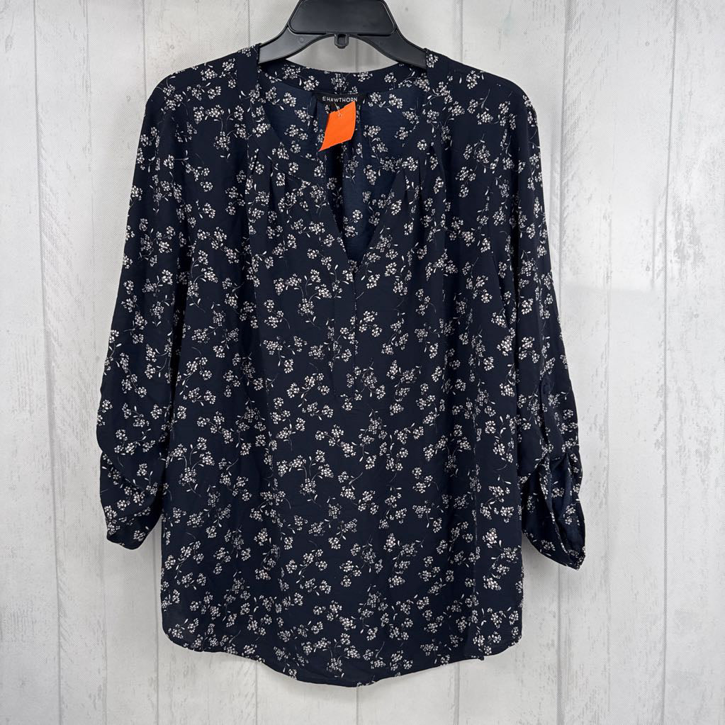 XL flo print split neck l/s top