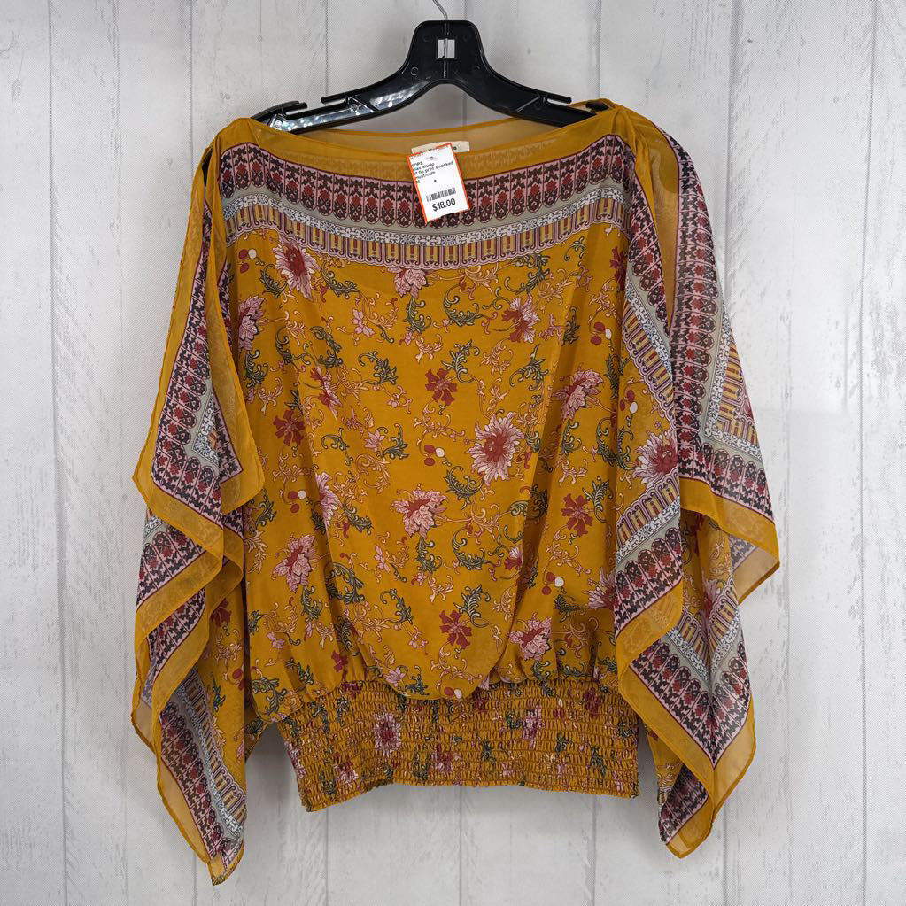 M flo print smocked waist flowy slv top