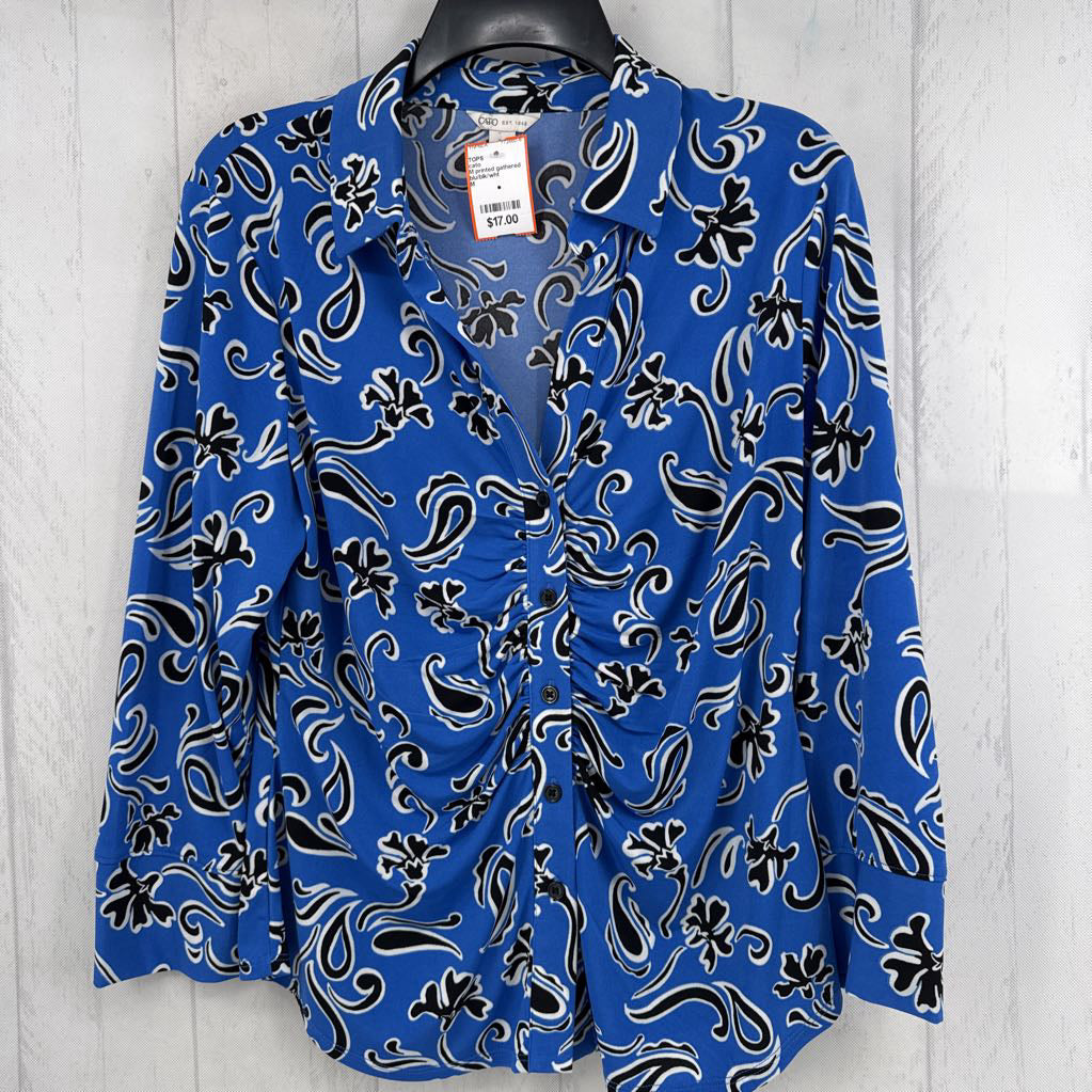 M printed gathered button down l/s top