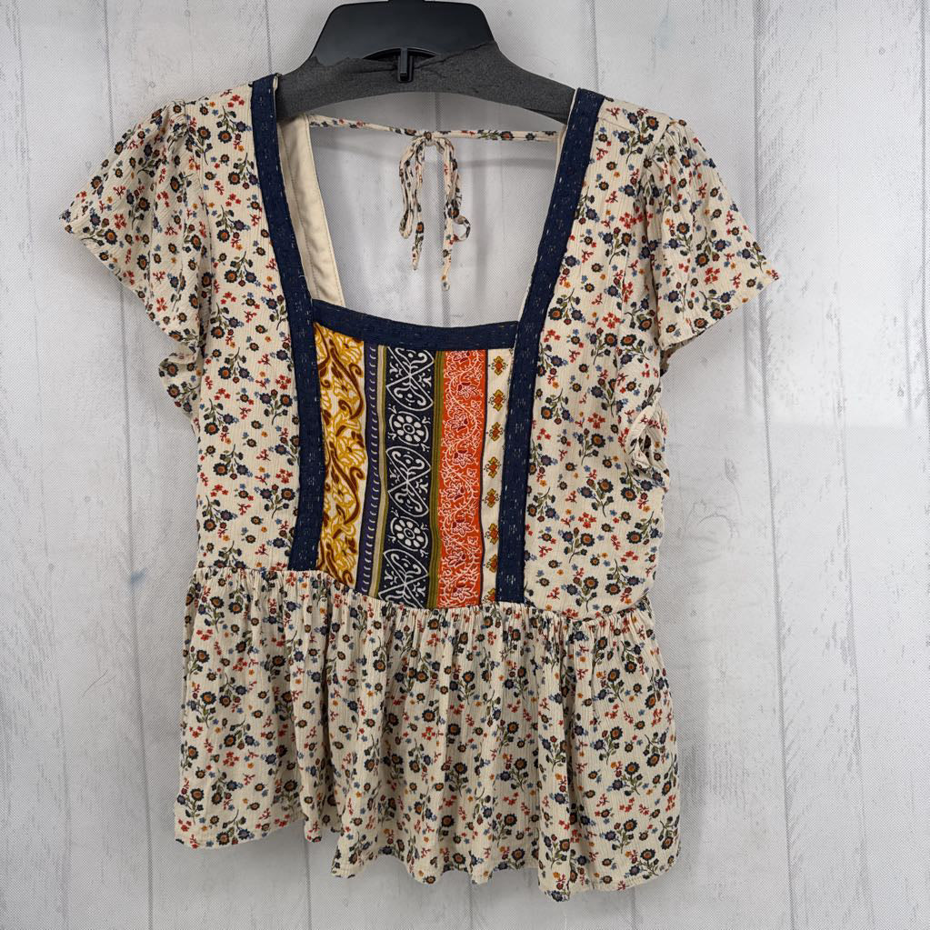 S flo print square neck s/s peplum top