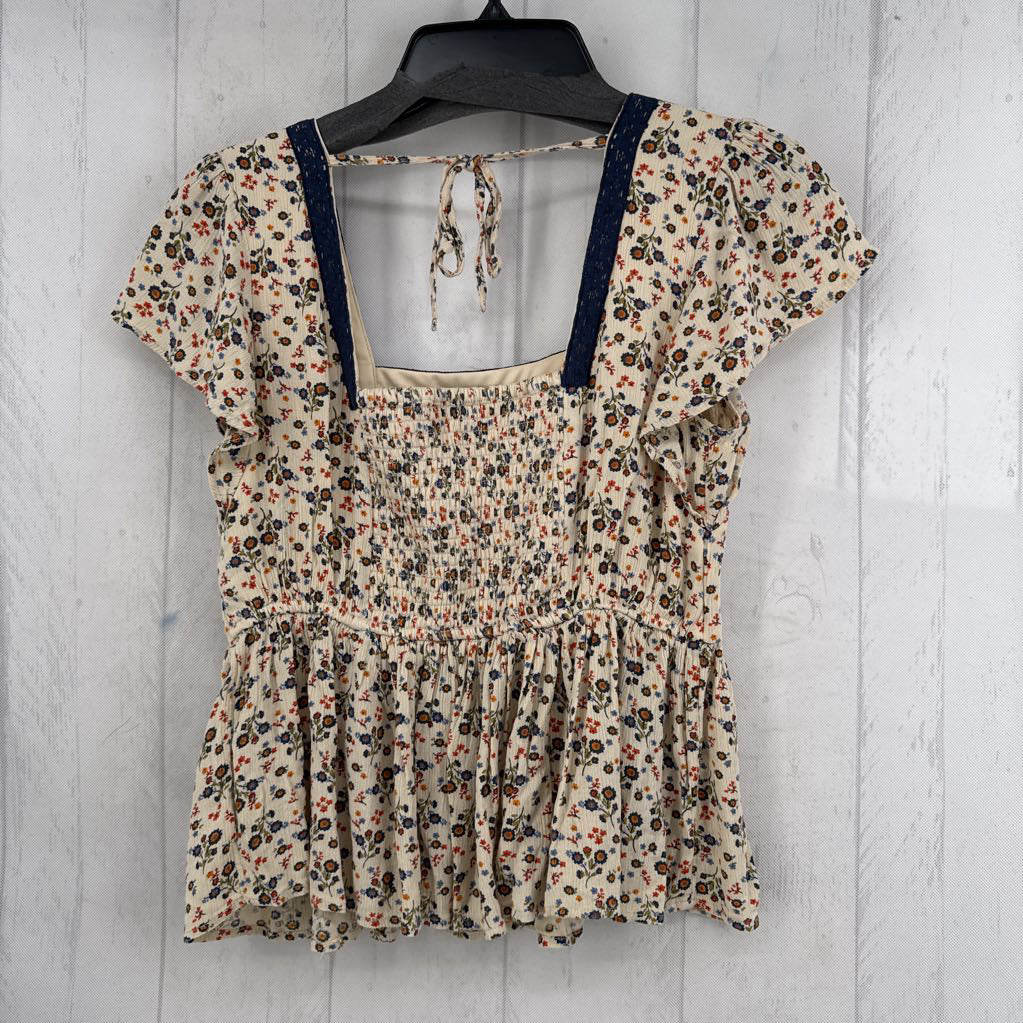 S flo print square neck s/s peplum top