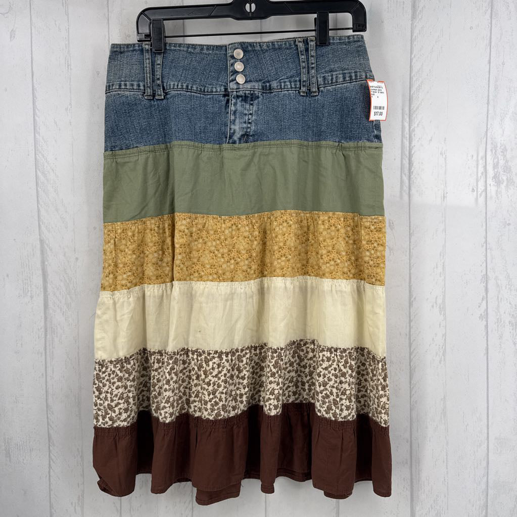 11 denim & fabric tiered skirt