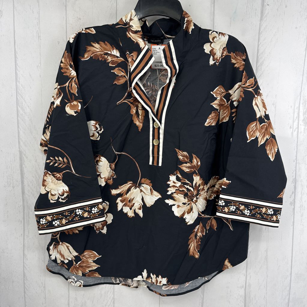 M flo print quarter button down 3/4 slv top