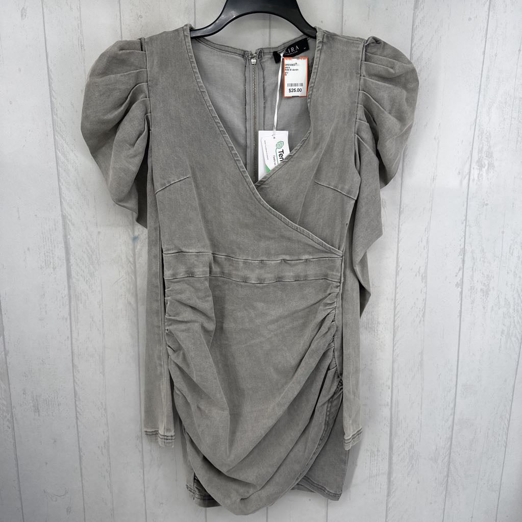 R59 M denim pleated crossover denim l/s dress