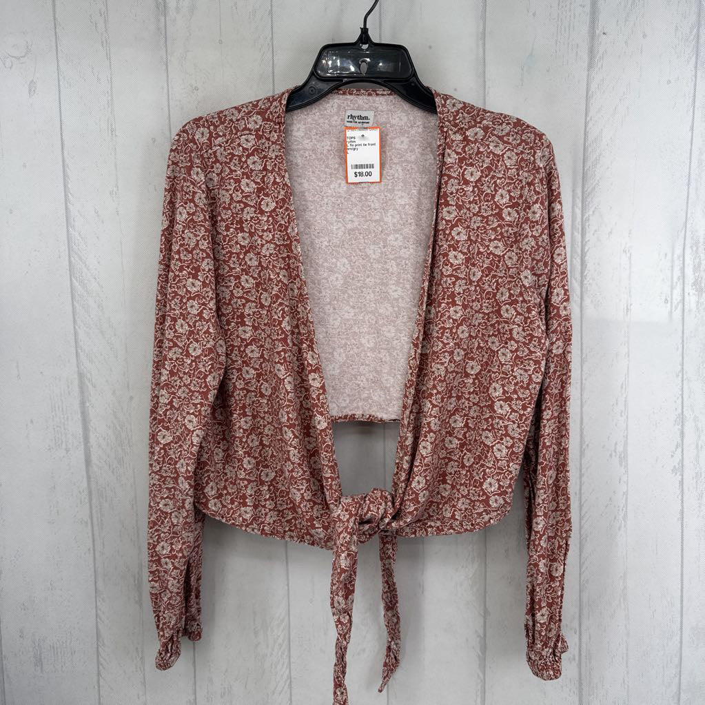 L flo print tie front l/s top