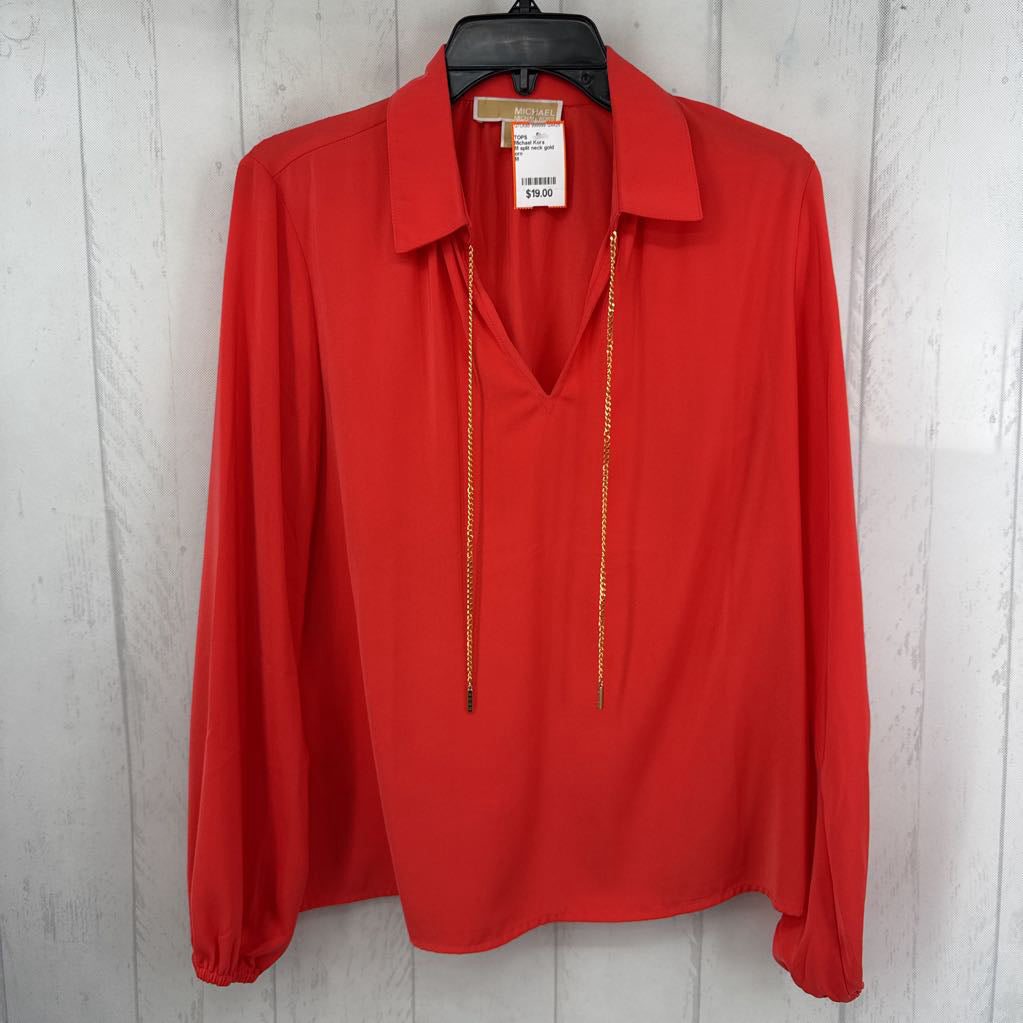 M split neck gold chain accent l/s top